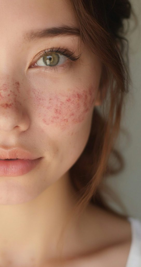 A young woman with freckles on her face
